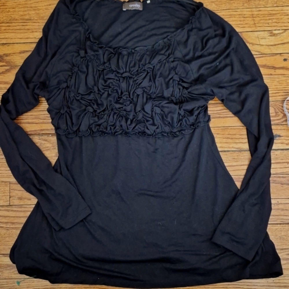 Crosby black long sleeve blouse rouching detail on bodice rayon 95 %